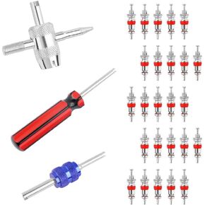 3 PCS Multifunctional Tire Valve Stem Removal Tool + 25PCS Valve Stem Core,4-Way Valve Core Tool for Repairing Car Tire or Air Conditioning Units