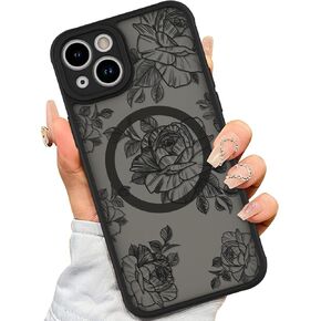 AIGOMARA Magnetic Case for iPhone 15 Pro Max [Compatible with MagSafe] Black Flower Floral Pattern Design Case for Women Girls Soft TPU Bumper Hard PC Back Anti-Fall Shockproof Protective Slim Cover