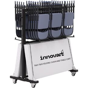 INNOVART Two-Tier Folding Chair and Table Cart, Folding Chair Dolly, Combo cart for Chairs and Tables, Foldable Seat and Table Wheeled Caddy, Heavy Duty Storage Cart with Wheels, 84 Chairs Capacity