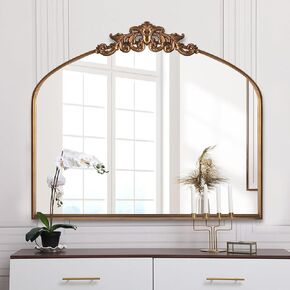 Gold Traditional Arched Mirror, Antique Brass Mirror, Vintage Ornate Baroque Mirror, Carved Mantel Mirrors for Bathroom Bedroom Entryway Home Decor, 19"x27"