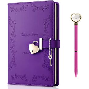 Lock Diary with Key and Pen for Girls, 192 Pages Vintage Leather Heart Shaped Journal Notebook with Lock and Diamond Pen, A5 Cute Locked Secret Diaries for Women (Green)