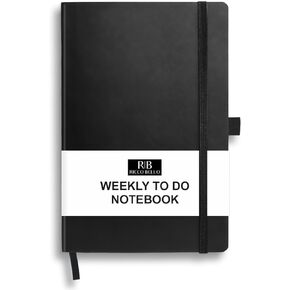 RICCO BELLO Undated Weekly Planner To Do Notebook | Faux Leather Hardcover, for Work, School, Home with Pen Holder, Bookmark, Band Closure, Storage Pocket, 5.7 x 8.4 Inches (Green Leaves)