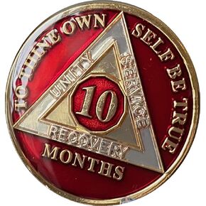10 Month AA Medallion Metallic Mandarin Red Tri-Plate Sobriety Chip