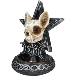 Ebros Gift Paranormal Occult Ouija Cat Skull with Triple Moon and Pentagram Sacred Geometry Backflow Cone Incense Burner Holder with Cascading Smoke Pool Waterfall Effect Figurine