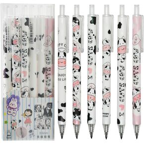 Maydahui 12 Pcs Cartoon Milk Cow Eternal Pencils Retractable HB 0.5 mm Cow Print Everlasting Pencils Magic Inkless Pencil for Student Teacher School Office Supplies Birthday Party Gift