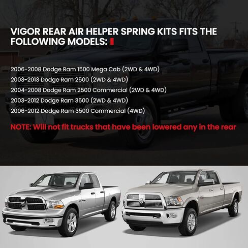 مجموعة تعليق أكياس الهواء الزنبركية VIGOR متوافقة مع 2003-2013 دودج رام 2500 و3500 2WD و4WD بيك اب مجموعة نوابض مساعدة الهواء الخلفية، تصل إلى 5000 رطل من سعة تسوية الحمل in Saudi Arabia