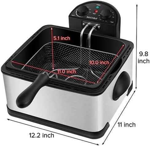 Secura 4 Liters / 17-Cup Stainless-Steel 1700-Watt Electric Deep Fryer with Timer Free Extra Odor Filter, Triple Basket, 4.5 Quarts, Silver in Kuwait