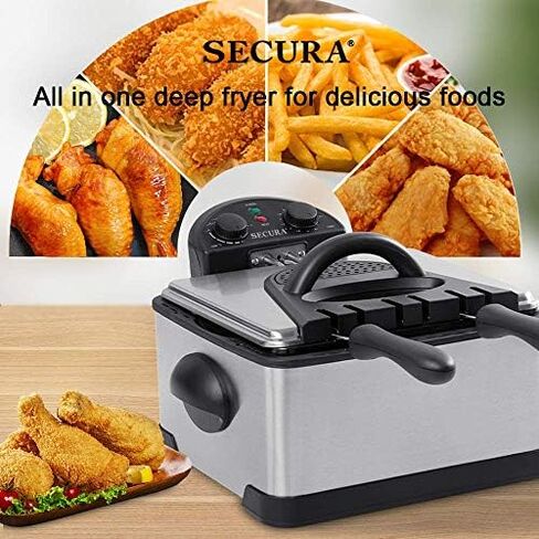 Secura 4 Liters / 17-Cup Stainless-Steel 1700-Watt Electric Deep Fryer with Timer Free Extra Odor Filter, Triple Basket, 4.5 Quarts, Silver in Kuwait
