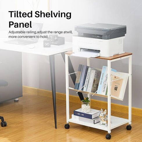 Printer Stand with Storage Shelf,3-Tier Mobile Printer Table with Wheels,Wood Printer Cart for Media Player Scanner Files Books,Printer Shelf for Home Office Storage and Organization (White) in Saudi Arabia