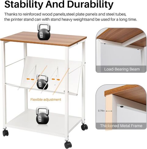 Printer Stand with Storage Shelf,3-Tier Mobile Printer Table with Wheels,Wood Printer Cart for Media Player Scanner Files Books,Printer Shelf for Home Office Storage and Organization (White) in Saudi Arabia