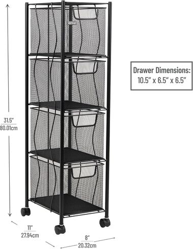 Mind Reader Rolling Cabinet with Drawers, Desk Art Supply Organizer, Storage, Kitchen, Metal Mesh, 8"L x 11"W x 31.5"H, Black in Saudi Arabia