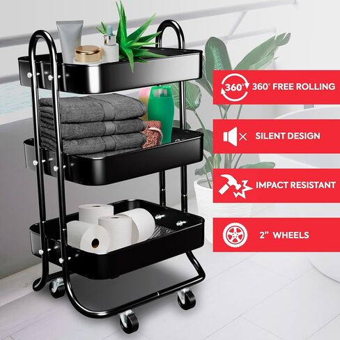 ED_Products عربة دوارة ذات 3 طبقات بعجلات - منظم دوار معدني متعدد الاستخدامات مع أرفف قابلة للتعديل للمطبخ والمكتب مقاس 18 × 15 × 33 بوصة (أسود) in Saudi Arabia