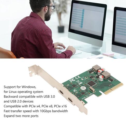 بطاقة توسيع PCI E إلى USB3.1، بطاقة توسيع PCI Express 4X إلى USB 3.1 الجيل الثاني بسرعة نقل سريعة 10 جيجابت في الثانية ومنفذين بطاقة توسيع من النوع C للمكتب المنزلي in Saudi Arabia