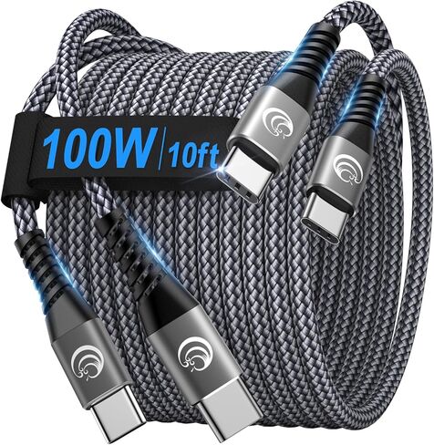 USBC to USBC 100W [10ft/2 Pack] USB C to USB C Fast Charging Cable Braided C to C Charger Cord 5A for MacBook Pro/Air, iPhone 15 Pro Max Plus,iPad Pro,Samsung Galaxy S24 Ultra S23,Pixel,PS5,Switch in Kuwait