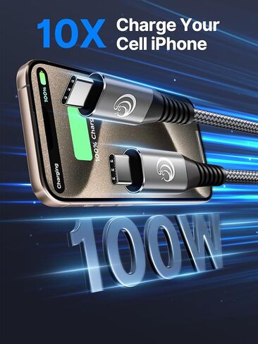 USBC to USBC 100W [10ft/2 Pack] USB C to USB C Fast Charging Cable Braided C to C Charger Cord 5A for MacBook Pro/Air, iPhone 15 Pro Max Plus,iPad Pro,Samsung Galaxy S24 Ultra S23,Pixel,PS5,Switch in Kuwait