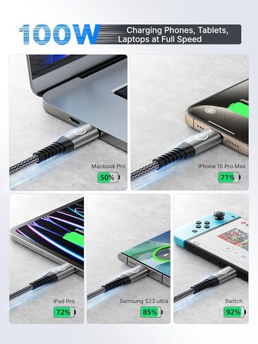 USBC to USBC 100W [10ft/2 Pack] USB C to USB C Fast Charging Cable Braided C to C Charger Cord 5A for MacBook Pro/Air, iPhone 15 Pro Max Plus,iPad Pro,Samsung Galaxy S24 Ultra S23,Pixel,PS5,Switch in Kuwait
