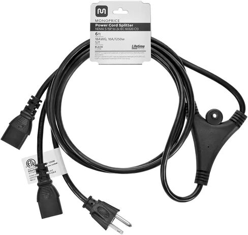 موزع سلك طاقة مونوبرايس - NEMA 5-15P to 2X IEC 60320 C13، 10 أمبير، 1250 واط، SVT، 18AWG، 6 أقدام، أسود in Saudi Arabia