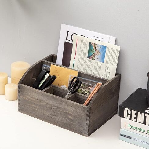 Vintage Stone Gray Wooden Desktop Organizer Stepped Racks Multiple Compartments Rustic Tabletop Storage Cabinet Metal Label Holder Antique Stationery Sorter Office Supplies Caddy Home in Kuwait