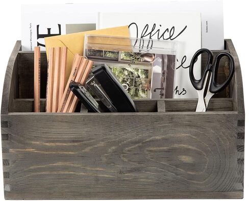 Vintage Stone Gray Wooden Desktop Organizer Stepped Racks Multiple Compartments Rustic Tabletop Storage Cabinet Metal Label Holder Antique Stationery Sorter Office Supplies Caddy Home in Kuwait