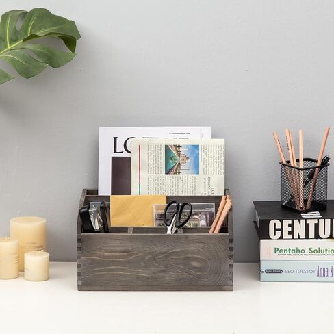 Vintage Stone Gray Wooden Desktop Organizer Stepped Racks Multiple Compartments Rustic Tabletop Storage Cabinet Metal Label Holder Antique Stationery Sorter Office Supplies Caddy Home in Kuwait