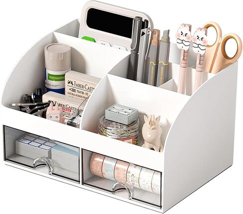 Desk Organiser - Office Organiser with 6 Compartments and 2 Small Drawers, Desk Storage Box for Pen Holders, Remote Control and Other Small Office Items - White in Kuwait