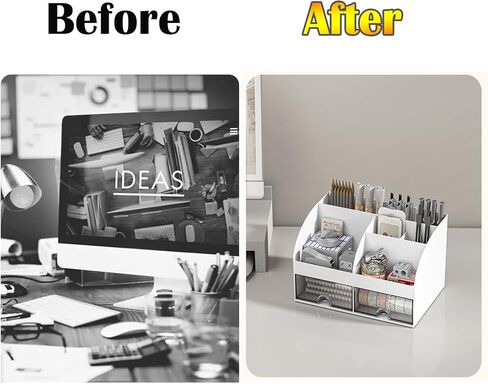 Desk Organiser - Office Organiser with 6 Compartments and 2 Small Drawers, Desk Storage Box for Pen Holders, Remote Control and Other Small Office Items - White in Kuwait