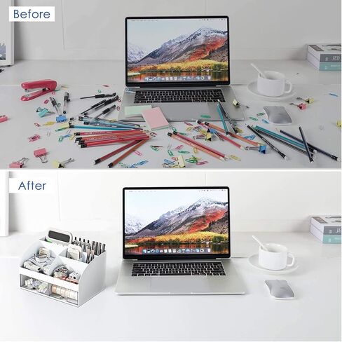 Desk Organiser - Office Organiser with 6 Compartments and 2 Small Drawers, Desk Storage Box for Pen Holders, Remote Control and Other Small Office Items - White in Kuwait