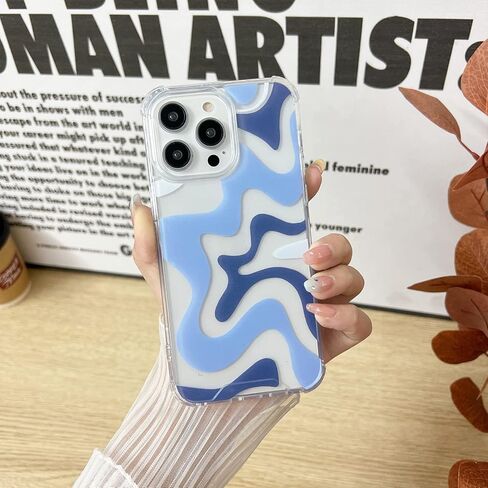 Compatible with iPhone 11 Phone Case, Cute Art Wavy Painted for Women Girls, Soft TPU Edge PC Back Protective Shockproof Phone Case-Blue (iPhone 11) in Kuwait