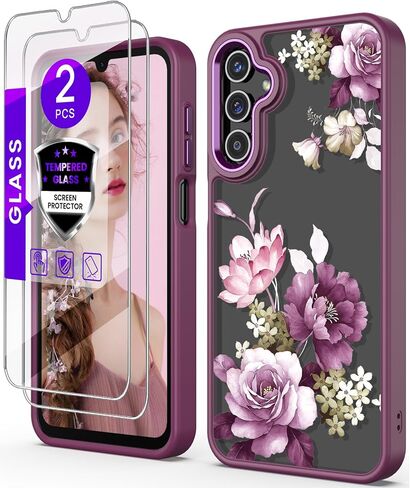 for Samsung A15 5G Case with Tempered Glass Screen Protector, Galaxy A15 5G [Military Grade Protective] Slim Soft TPU & Hard PC, Girls Women Crystal Clear Flower Pattern Cases -Purple in Saudi Arabia