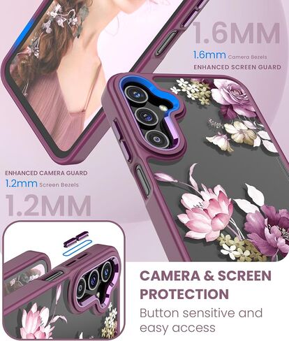 for Samsung A15 5G Case with Tempered Glass Screen Protector, Galaxy A15 5G [Military Grade Protective] Slim Soft TPU & Hard PC, Girls Women Crystal Clear Flower Pattern Cases -Purple in Saudi Arabia