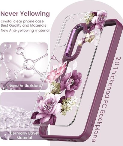 for Samsung A15 5G Case with Tempered Glass Screen Protector, Galaxy A15 5G [Military Grade Protective] Slim Soft TPU & Hard PC, Girls Women Crystal Clear Flower Pattern Cases -Purple in Saudi Arabia