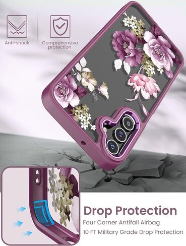 for Samsung A15 5G Case with Tempered Glass Screen Protector, Galaxy A15 5G [Military Grade Protective] Slim Soft TPU & Hard PC, Girls Women Crystal Clear Flower Pattern Cases -Purple in Saudi Arabia