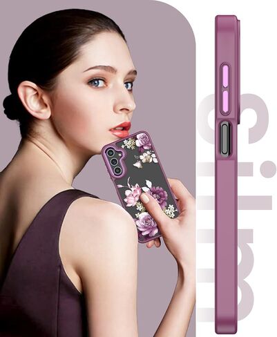 for Samsung A15 5G Case with Tempered Glass Screen Protector, Galaxy A15 5G [Military Grade Protective] Slim Soft TPU & Hard PC, Girls Women Crystal Clear Flower Pattern Cases -Purple in Saudi Arabia