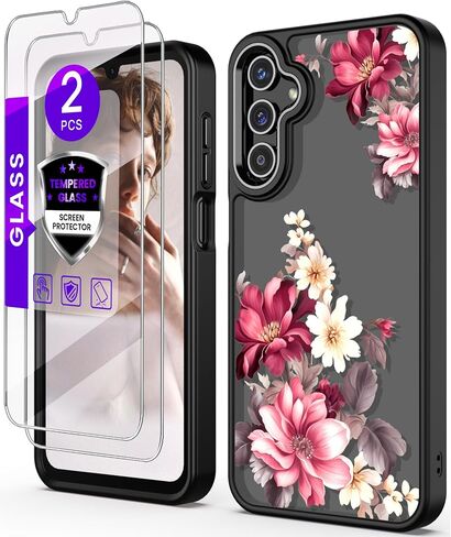 for Samsung A15 5G Case with Tempered Glass Screen Protector, Galaxy A15 5G [Military Grade Protective] Slim Soft TPU & Hard PC, Girls Women Crystal Clear Flower Pattern Cases -Purple in Saudi Arabia