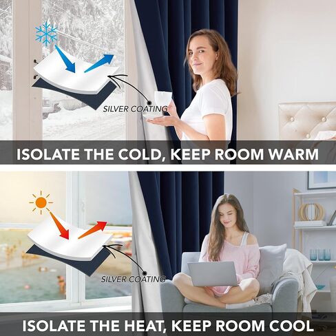 مجموعة ستائر التعتيم ديكونوفو بطول 84 بوصة مكونة من لوحتين - ستائر حرارية لغرفة النوم وغرفة المعيشة مع طلاء فضي خلفي (52 عرض × 84 طول، أزرق داكن، لوحتان) in Kuwait