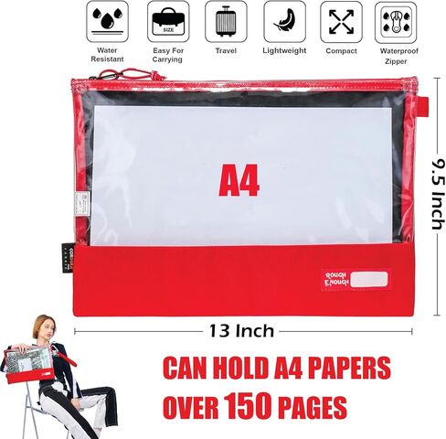 Rough Enough Clear File Folder Organizer Document Holder Pouch for Legal Size A4 Paper Teacher Office with Keychain Zipper Red in Saudi Arabia