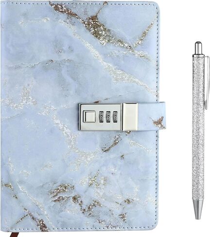 Diary with Lock for Girls and Women, Lock Diary for Teen Girls with Leather Cover and Pen holder, Size A5 Password Notebook with Combination Lock, Sparkly Silver Writing Pen included (Grey 2) in Saudi Arabia