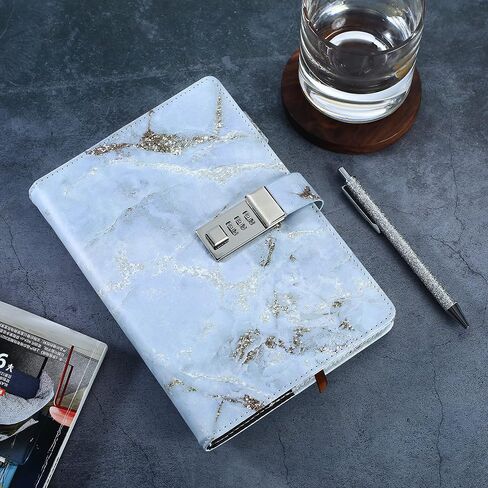 Diary with Lock for Girls and Women, Lock Diary for Teen Girls with Leather Cover and Pen holder, Size A5 Password Notebook with Combination Lock, Sparkly Silver Writing Pen included (Grey 2) in Saudi Arabia