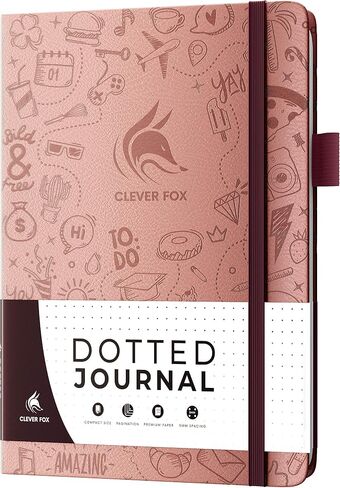 Clever Fox Dotted Journal 2.0 - دفتر تخطيط مضغوط ورسم شبكي منقطة بسمك 120 جرامًا في المتر المربع، ورق لا ينزف - مخطط مع حلقة قلم، جيب، أشرطة، ملصقات A5 - ذهبي وردي in Saudi Arabia