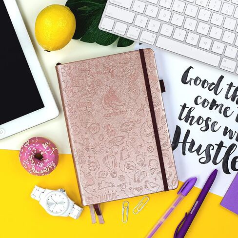 Clever Fox Dotted Journal 2.0 - دفتر تخطيط مضغوط ورسم شبكي منقطة بسمك 120 جرامًا في المتر المربع، ورق لا ينزف - مخطط مع حلقة قلم، جيب، أشرطة، ملصقات A5 - ذهبي وردي in Saudi Arabia