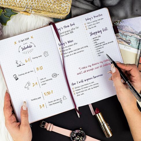 Clever Fox Dotted Journal 2.0 - دفتر تخطيط مضغوط ورسم شبكي منقطة بسمك 120 جرامًا في المتر المربع، ورق لا ينزف - مخطط مع حلقة قلم، جيب، أشرطة، ملصقات A5 - ذهبي وردي in Saudi Arabia