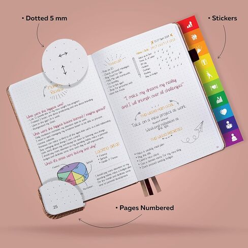 Clever Fox Dotted Journal 2.0 - دفتر تخطيط مضغوط ورسم شبكي منقطة بسمك 120 جرامًا في المتر المربع، ورق لا ينزف - مخطط مع حلقة قلم، جيب، أشرطة، ملصقات A5 - ذهبي وردي in Saudi Arabia