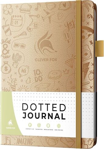 Clever Fox Dotted Journal 2.0 - دفتر تخطيط مضغوط ورسم شبكي منقطة بسمك 120 جرامًا في المتر المربع، ورق لا ينزف - مخطط مع حلقة قلم، جيب، أشرطة، ملصقات A5 - ذهبي وردي in Saudi Arabia