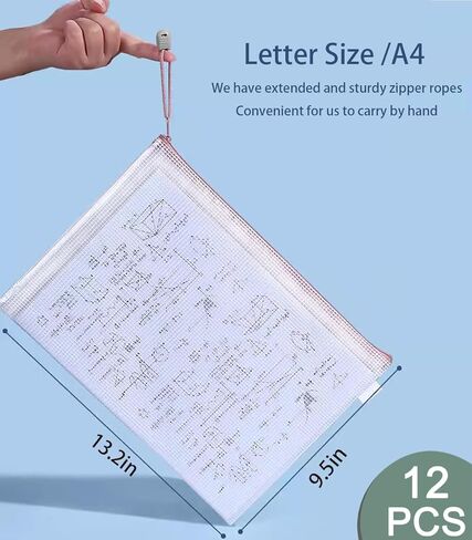 12-Pack A4 Size Mesh Zipper Pouch Bags with Lanyard Design | Perfect for Organizing & Protecting Documents and Items | Waterproof Zip Bags for Storage | Comes in 6 Vibrant Colors in Kuwait