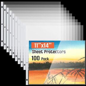 100 Pack 11 x 14 Inch Sheet Protectors, Heavyweight Landscape Sleeves 11 x 14 Ledger Size Clear Plastic Binder Sleeves, 3 Hole Punched Fits 3 Ring Binders