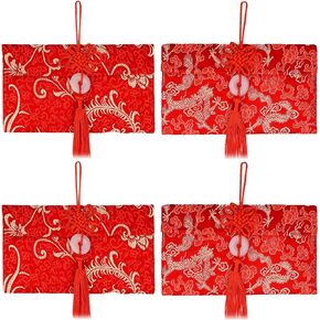 4pcs Satin Chinese Red Envelopes, Exquisite New Year Lucky Money Envelopes with Chinese Knot & Jade Pendant Lunar Spring Festival Hong Bao Wedding Red Pocket