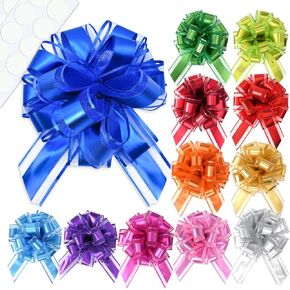 12 PCS Pull Bows for Gift Wrapping, 6 Inch Multiple Colors Big Gift Bows with 20 Self-Adhesive Dots, Reusable Ribbon Bows for Wrapping Boxes, Baskets, Weddings, Birthdays & Flower Decorations