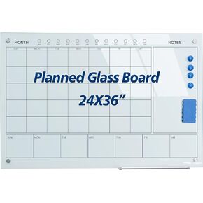 Magnetic Glass Whiteboard 36X24 Monthly Planner Calendar Dry Erase Board for Home, School, Office, Frameless, with Markers, Marker Tray, Eraser, Magnets (White)