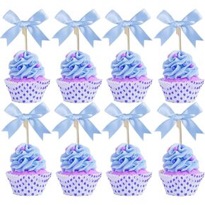 Bow Cake Topper Ribbons Bows Cupcake Toppers for Bow Party Decorations Coquette Birthday Decorations 20 Pack (Blue)