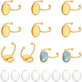 UNICRAFTALE 10 Sets 18K Gold Plated Ring Blanks Adjustable Open Cuff Rings Stainless Steel Ring Bezel Blanks Oval Cabochon Tray Flat Pad Rings Components for Jewelry Making